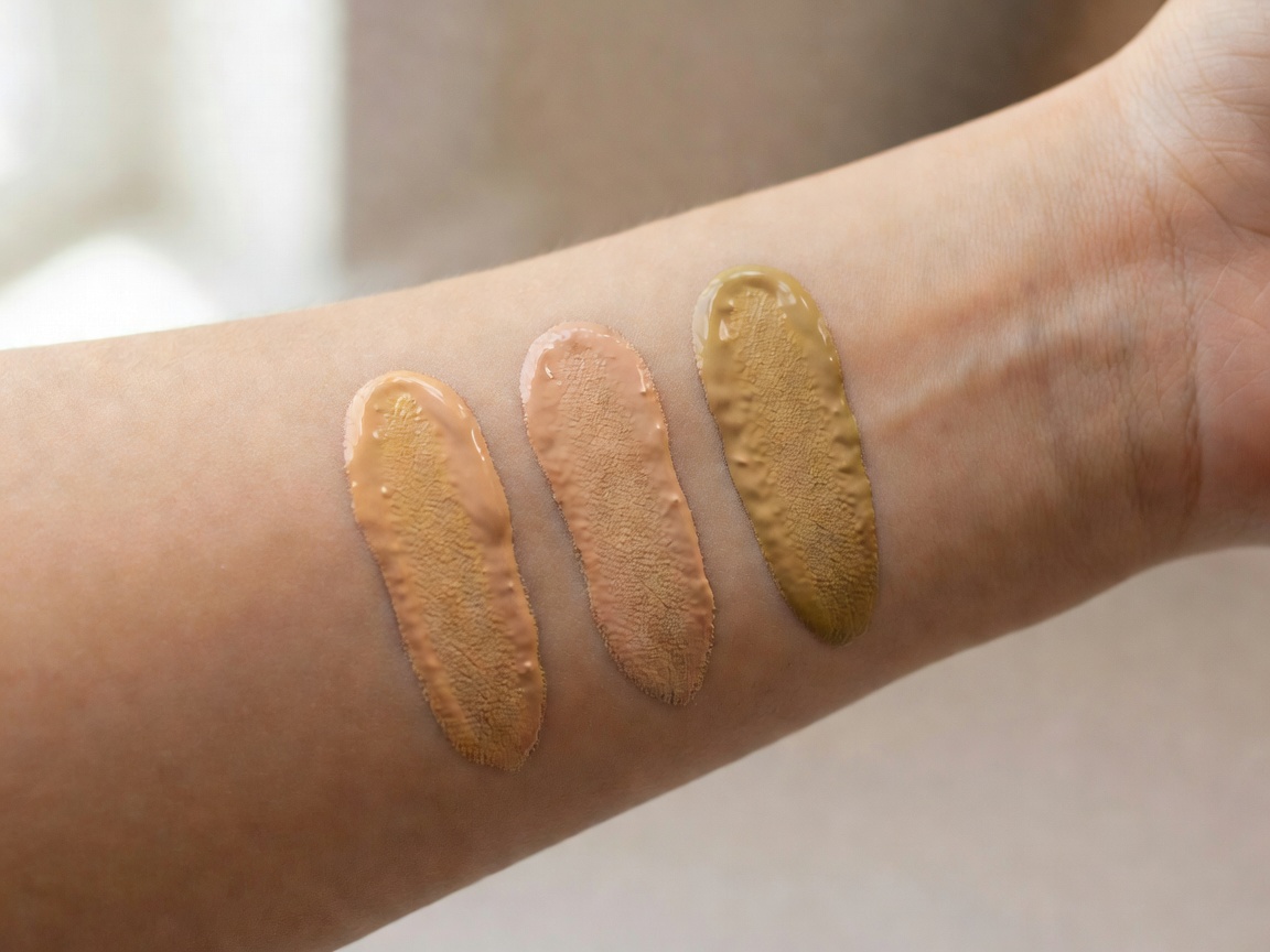 Three thick swipes of cream foundation stick in warm, neutral and olive undertones on an inner forearm