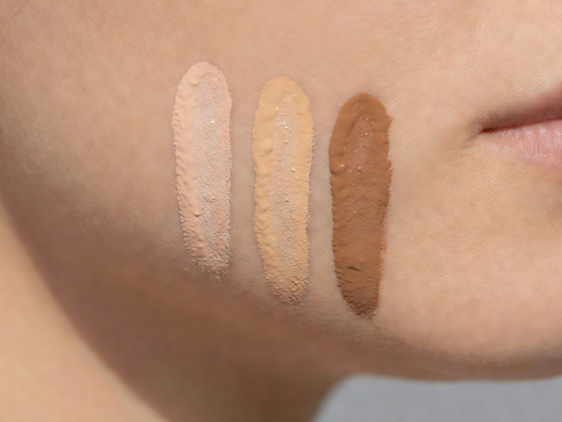 Three stripes of liquid foundation in light, medium and deep shades swatched along a jawline in daylight