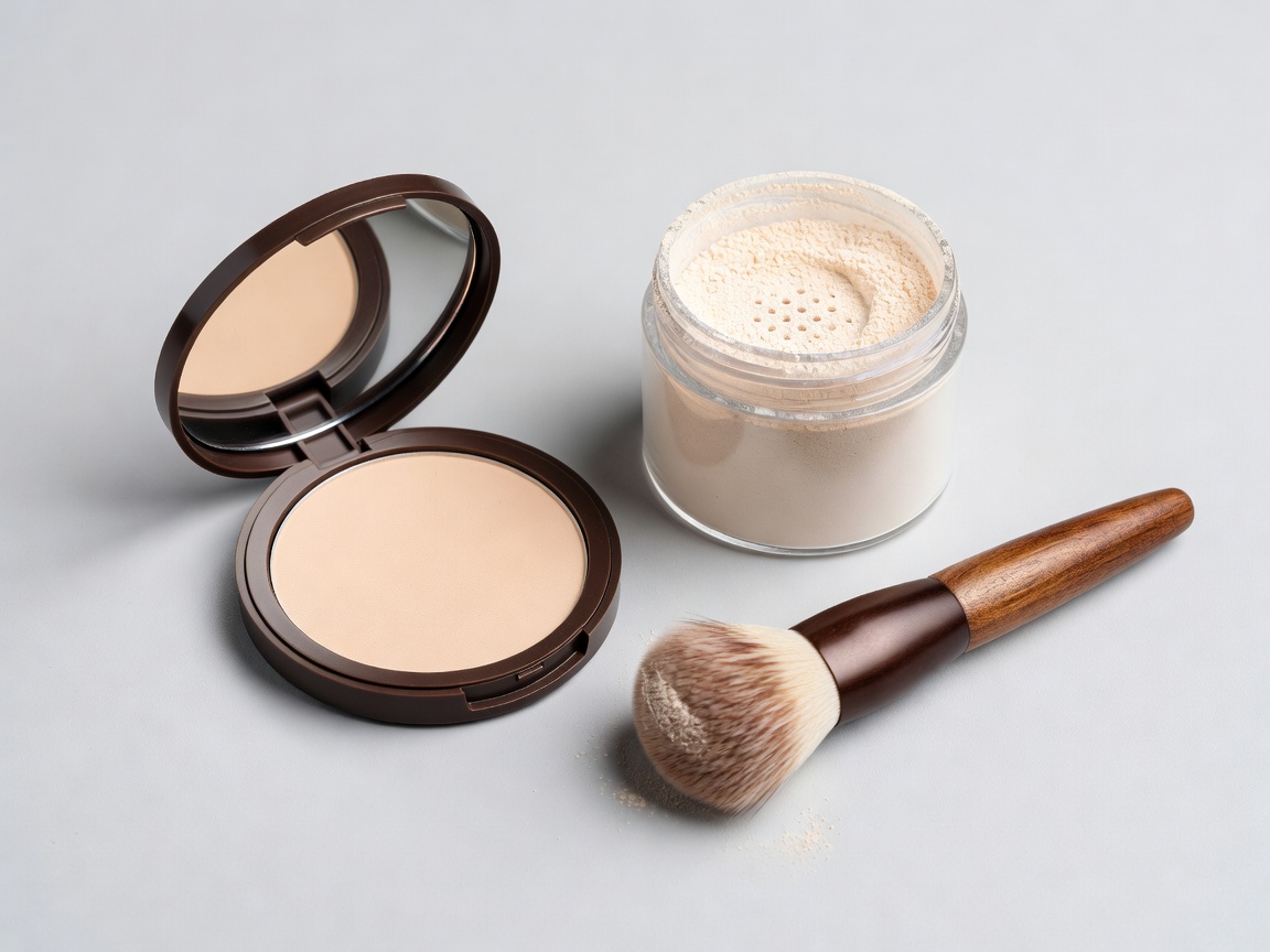 Open pressed powder compact next to a loose mineral powder sifter jar and a kabuki brush on a pale grey surface