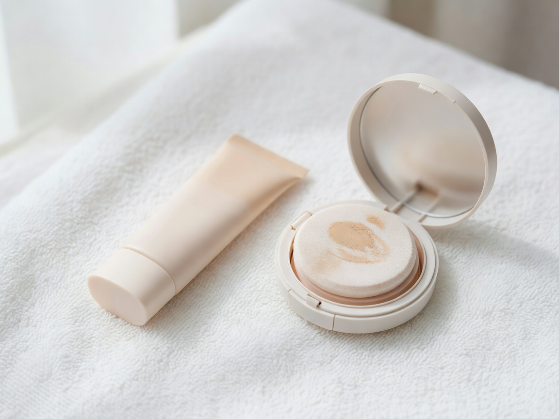 A squeeze tube of skin tint lying next to an open cushion compact with a sponge puff on a white towel